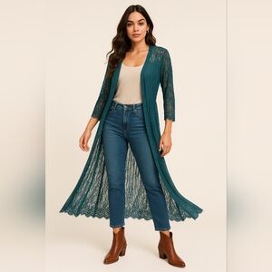 Rebel Wilson X Angels Elegant Teal Green Long Dress Duster Lace Sheer Maxi 1X